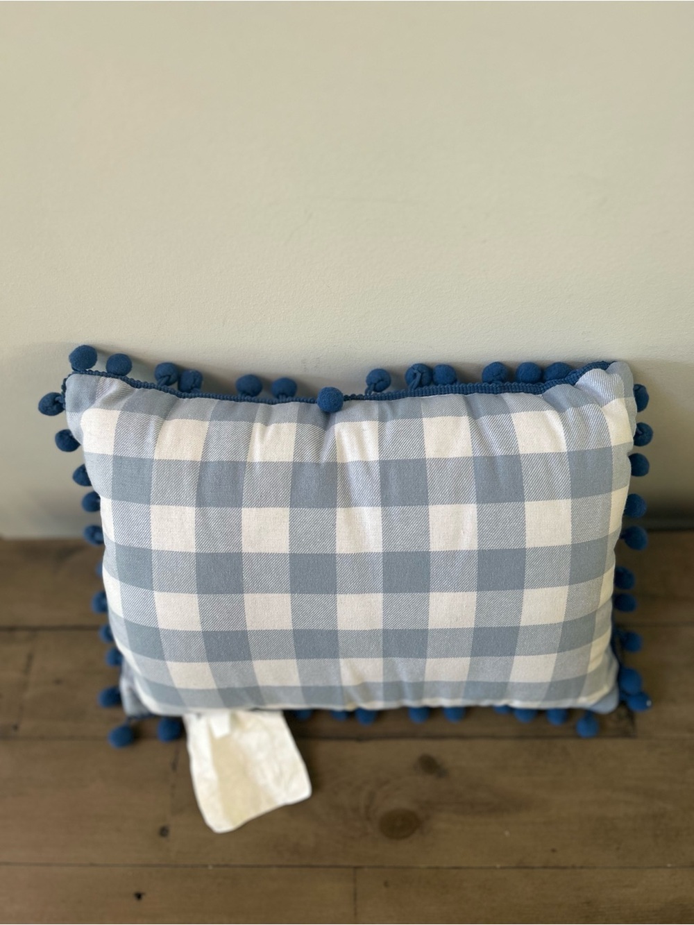 NWT Blue Gingham Home Sweet Home Lumbar Pillow 9x13 Pom Pom Trim - Picture 4 of 4